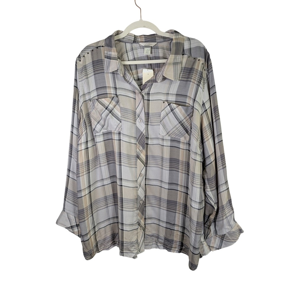 CJ Banks Top Womens Plus 3X Gray Plaid Button Up Shirt  Studded Pockets NWT